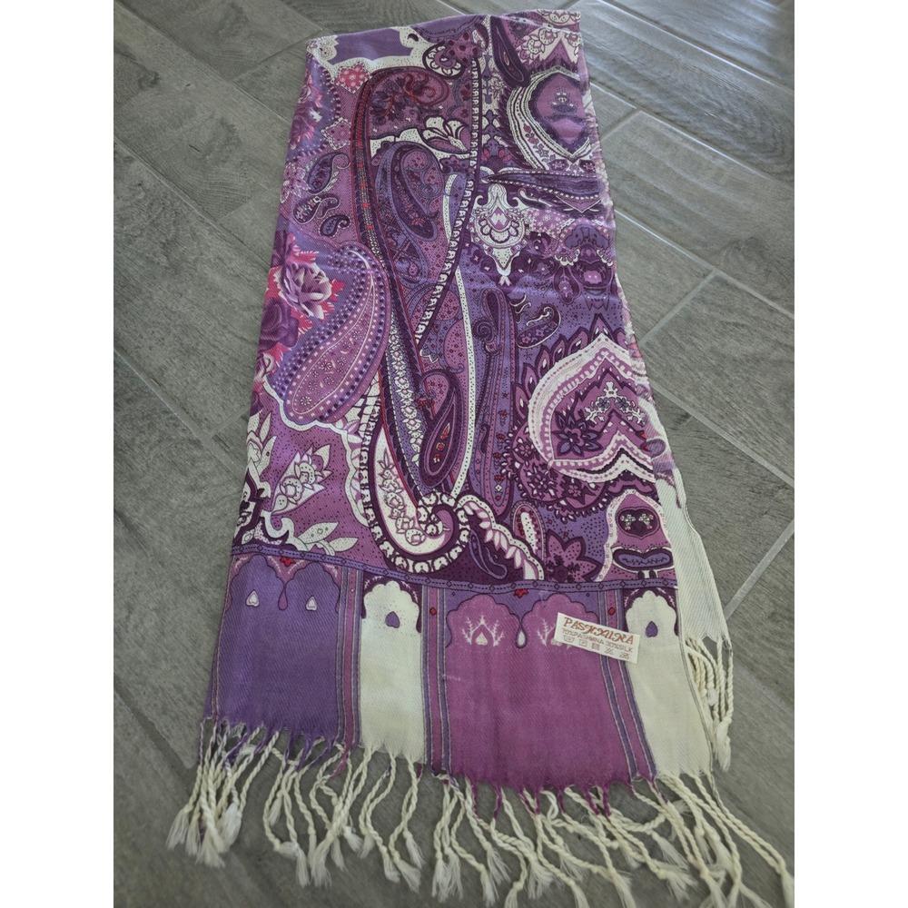Pashmina Silk Blend Paisley Floral Scarf Purple Magenta Fringe Shawl Wrap